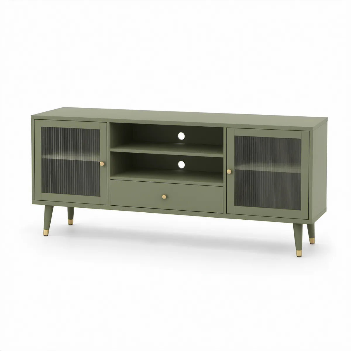 Szafka RTV 160 x 40 x 60 cm z MDF, oliwkowozielona, z ryflowanym szkłem