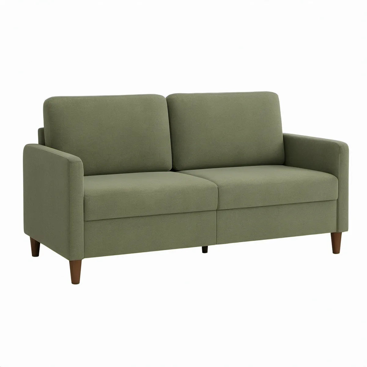 Dwuosobowa sofa tapicerowana oliwkowozielona z ciemnobrązowymi nóżkami, 160 x 85 x 85 cm