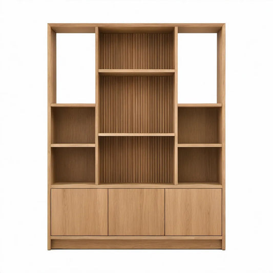 Regał z szafką z fornirowanej płyty MDF, naturalny dąb, 120 × 35 × 200 cm