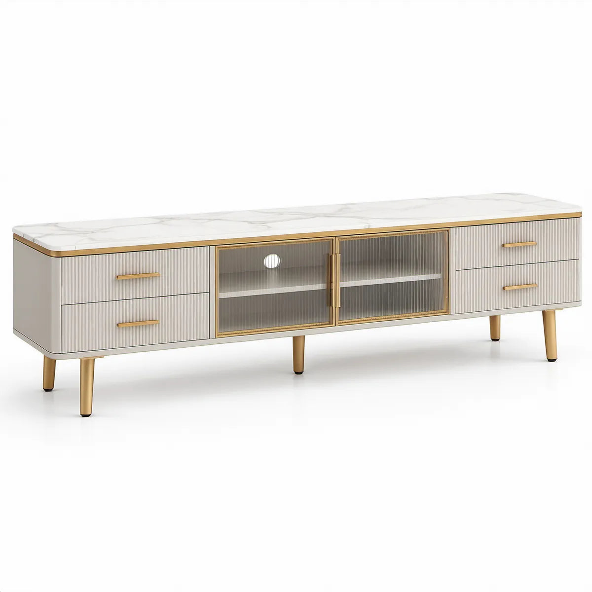 Szafka RTV 180 x 40 x 55 cm z MDF i szkła hartowanego, biało-złota
