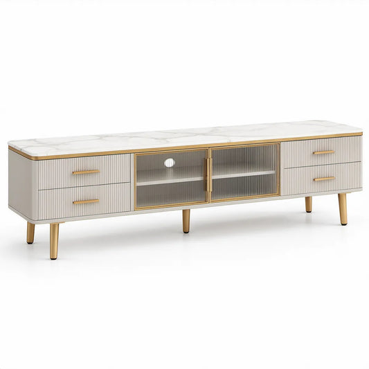 Szafka RTV 180 x 40 x 55 cm z MDF i szkła hartowanego, biało-złota