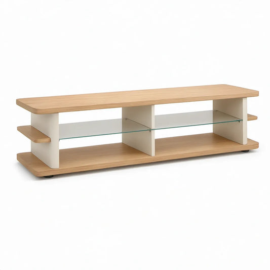 Szafka RTV 120 x 40 x 45 cm z płyty MDF i szkła hartowanego, jasny dąb/biały