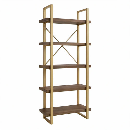Regał industrialny 5 półek 80 x 30 x 180 cm MDF i stal, orzechowy/złoty