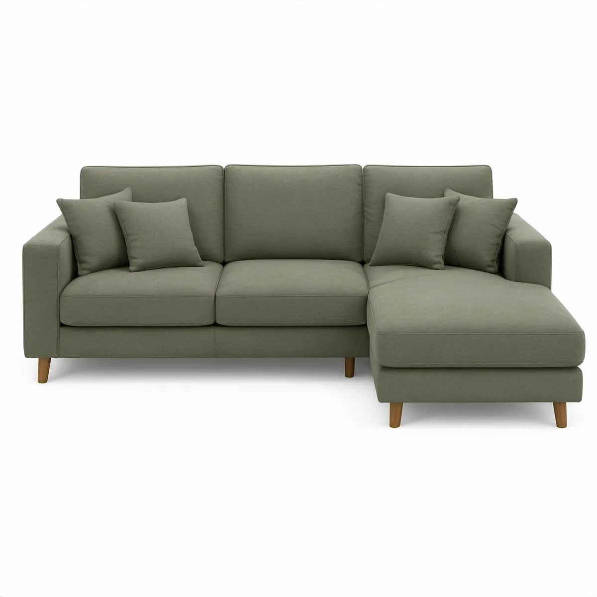 Oliwkowozielona sofa narożna 3-osobowa z prawostronnym szezlongiem 240 x 150 x 85 cm