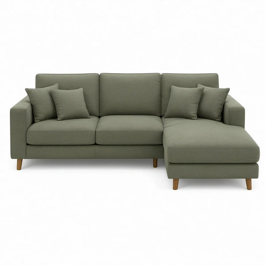 Oliwkowozielona sofa narożna 3-osobowa z prawostronnym szezlongiem 240 x 150 x 85 cm