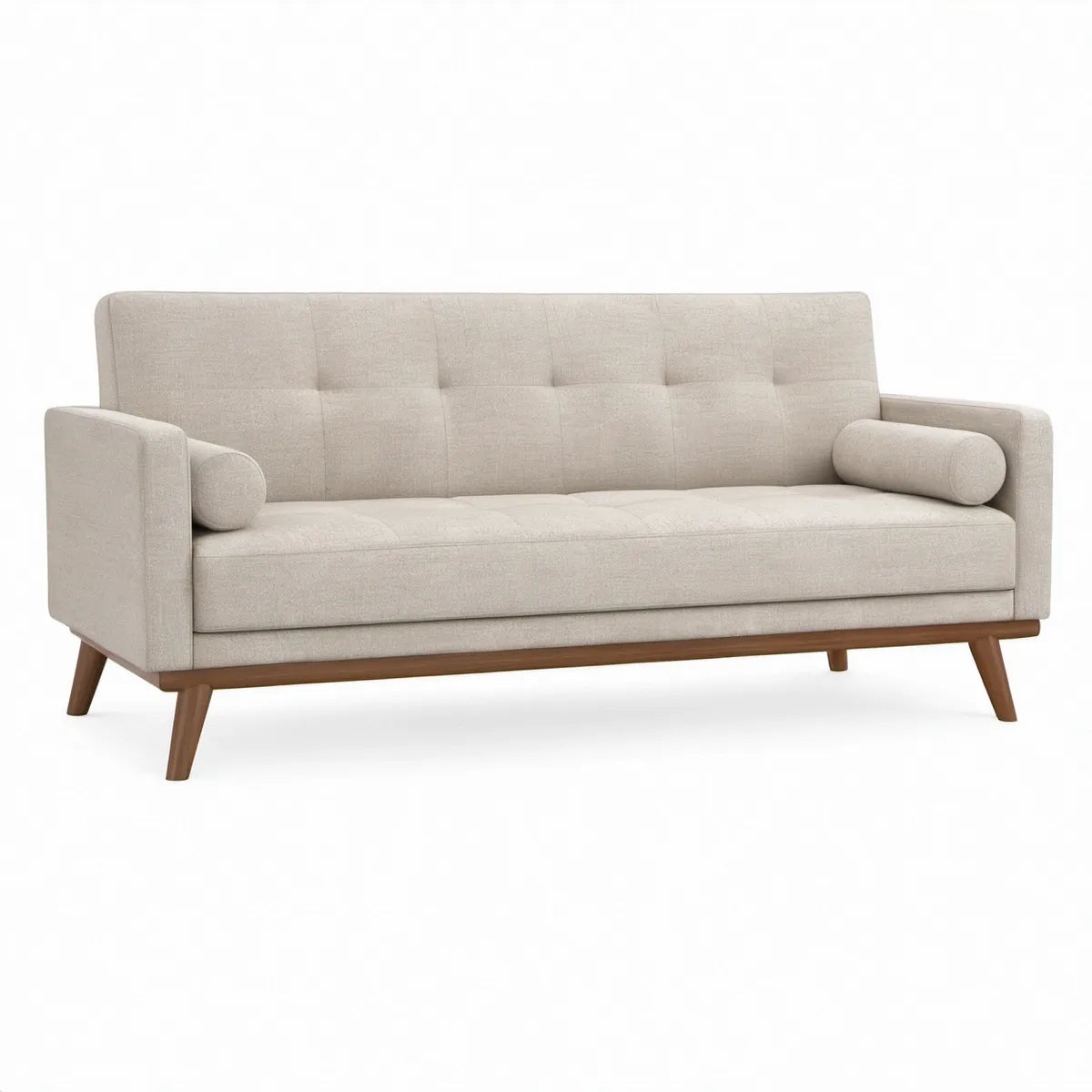 Trzyosobowa sofa skandynawska 200 x 86 x 82 cm beżowa z brązowymi nogami z drewna kauczukowego