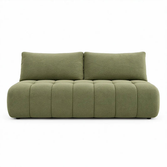 Dwuosobowa sofa z tkaniny bouclé w kolorze oliwkowym, 180 x 100 x 75 cm