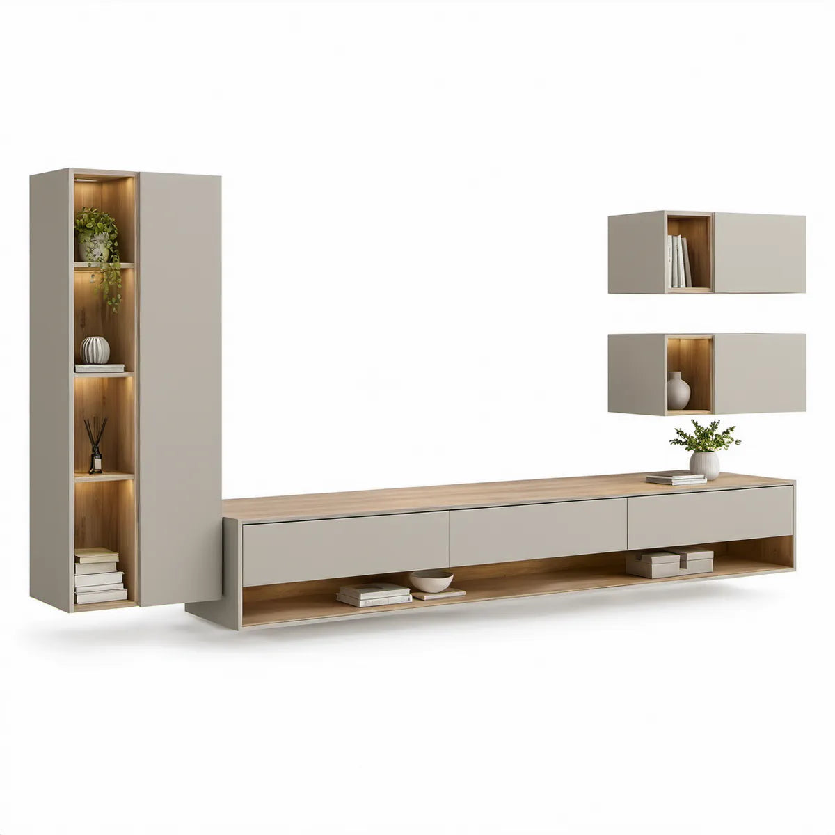 Nowoczesny zestaw do salonu 4-elementowy taupe i dąb naturalny, 260 × 40 × 180 cm