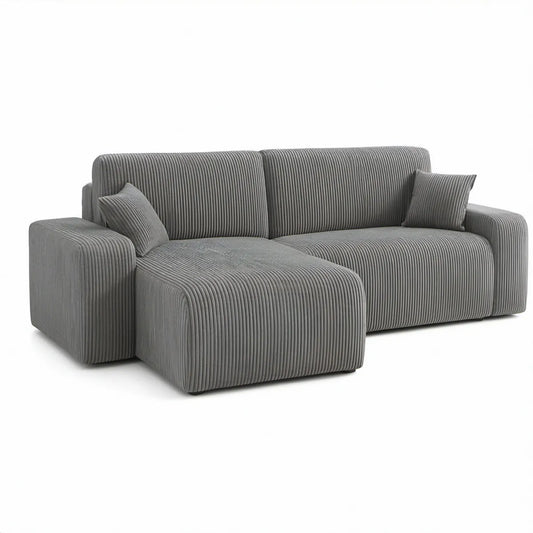 Szara sofa narożna 3-osobowa z lewostronnym szezlongiem, sztruks poliestrowy, 250 x 160 x 85 cm
