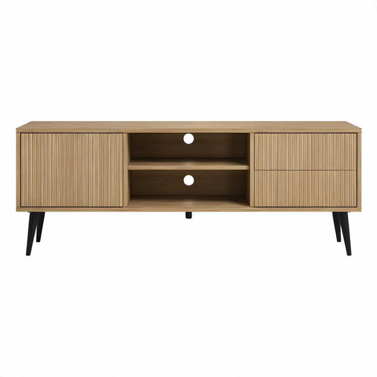 Szafka RTV dąb/czarny 180 x 40 x 55 cm z ryflowanymi frontami i stalowymi nogami